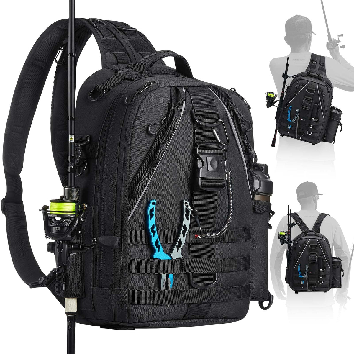 Piscifun fishing tackle backpack front view shows organized compartments for quick access on trips.