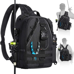 Piscifun fishing tackle backpack front view shows organized compartments for quick access on trips.