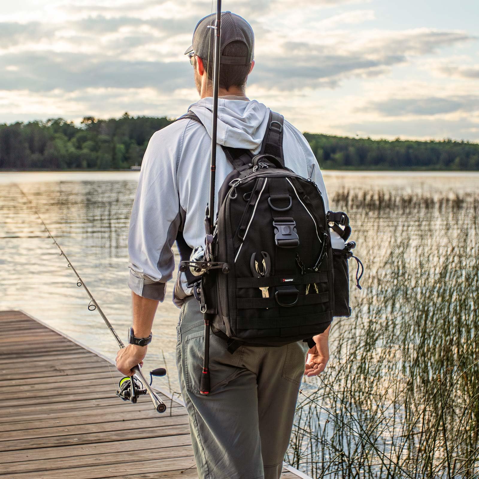 Piscifun fishing tackle backpack side view highlights rod holder and MOLLE straps for gear attach.