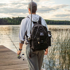 Piscifun fishing tackle backpack side view highlights rod holder and MOLLE straps for gear attach.