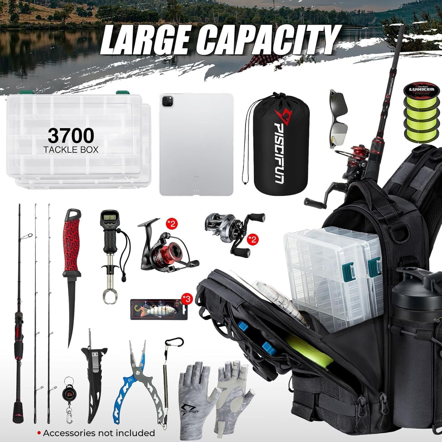 Piscifun fishing-tackle-bag-molle-d-rings highlights attachment points for pliers and gear.