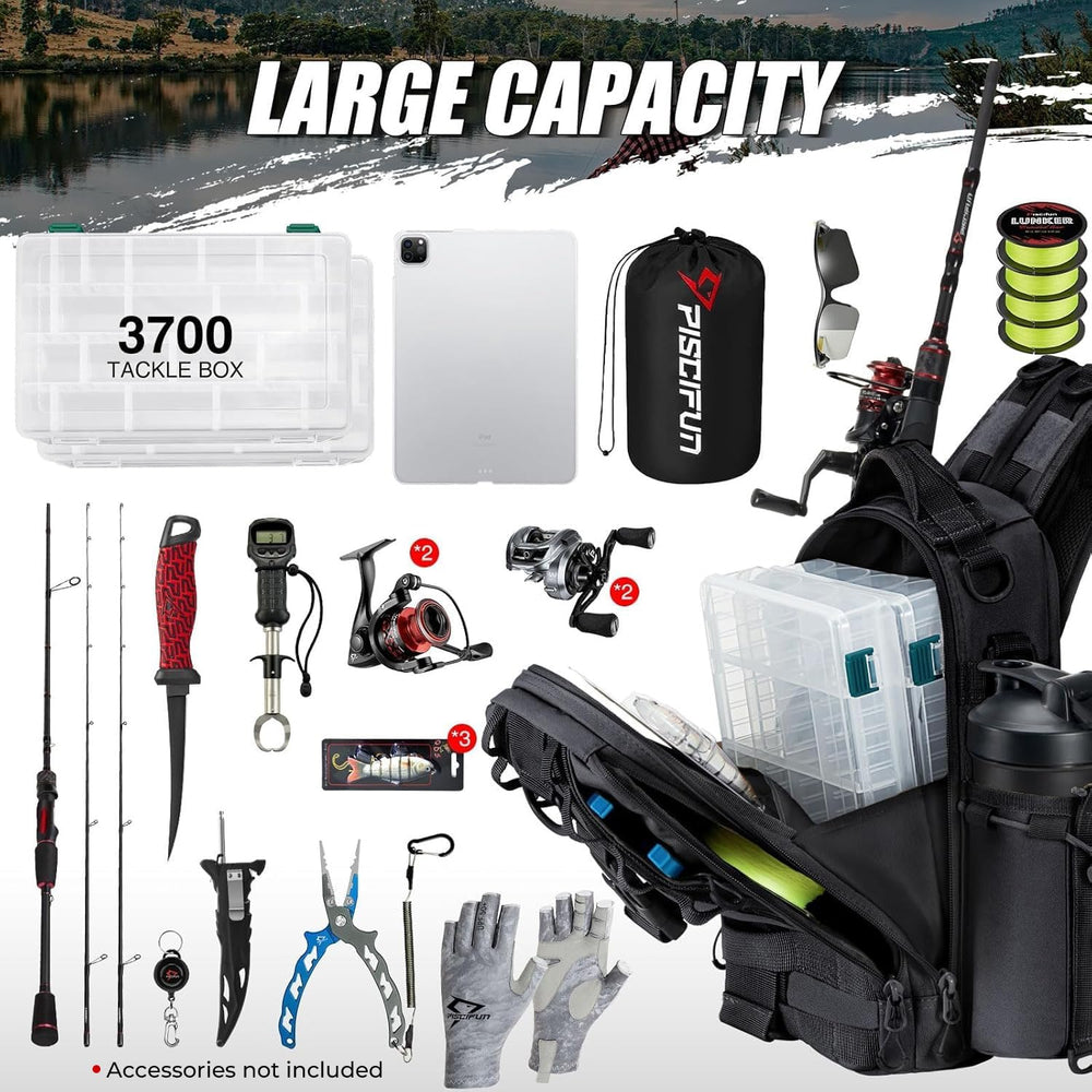 Piscifun fishing-tackle-bag-molle-d-rings highlights attachment points for pliers and gear.