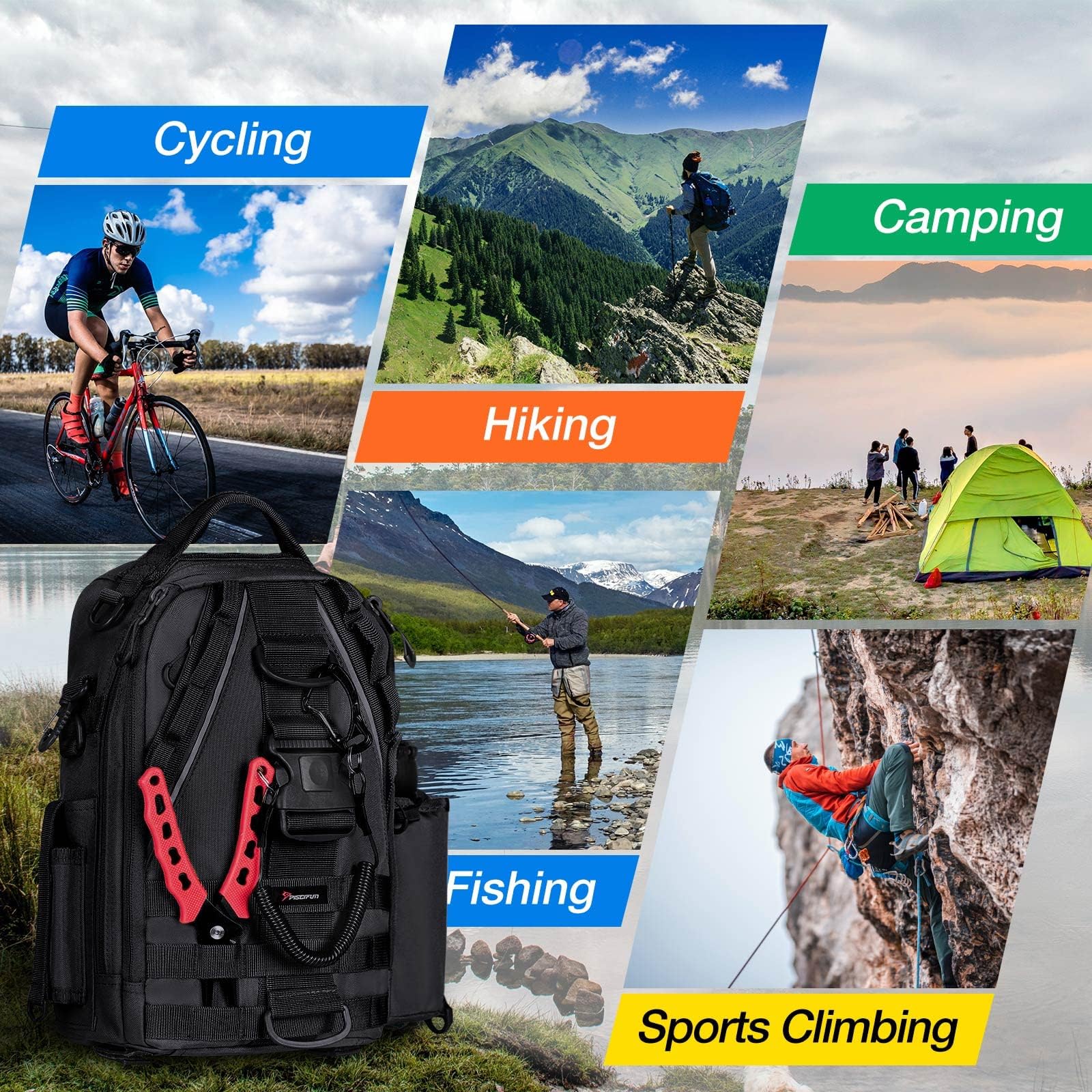 Piscifun fishing-tackle-bag-organizers shows main compartment with multiple pockets.