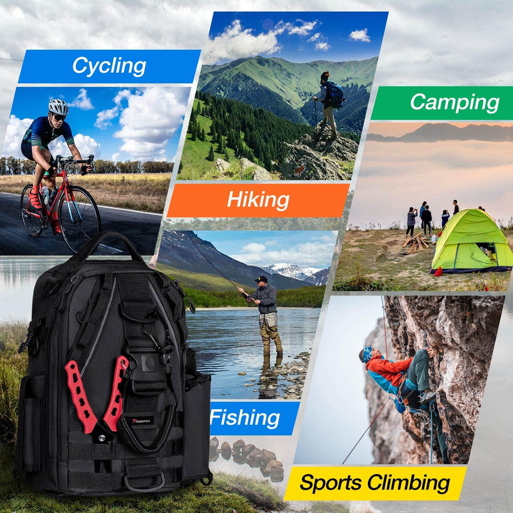 Piscifun fishing-tackle-bag-organizers shows main compartment with multiple pockets.