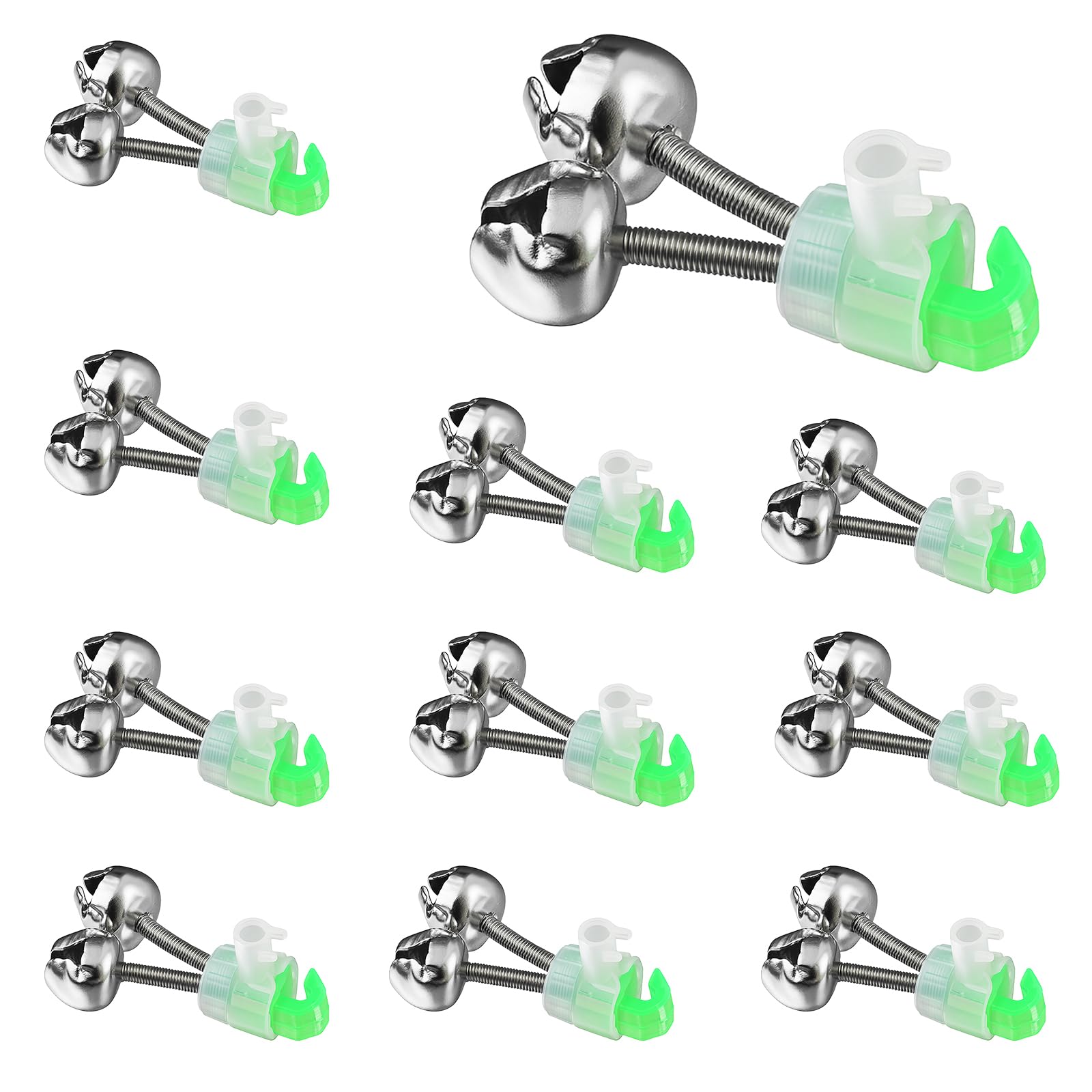 Front view of SynHHergyx 10-piece green and silver fishing rod bells