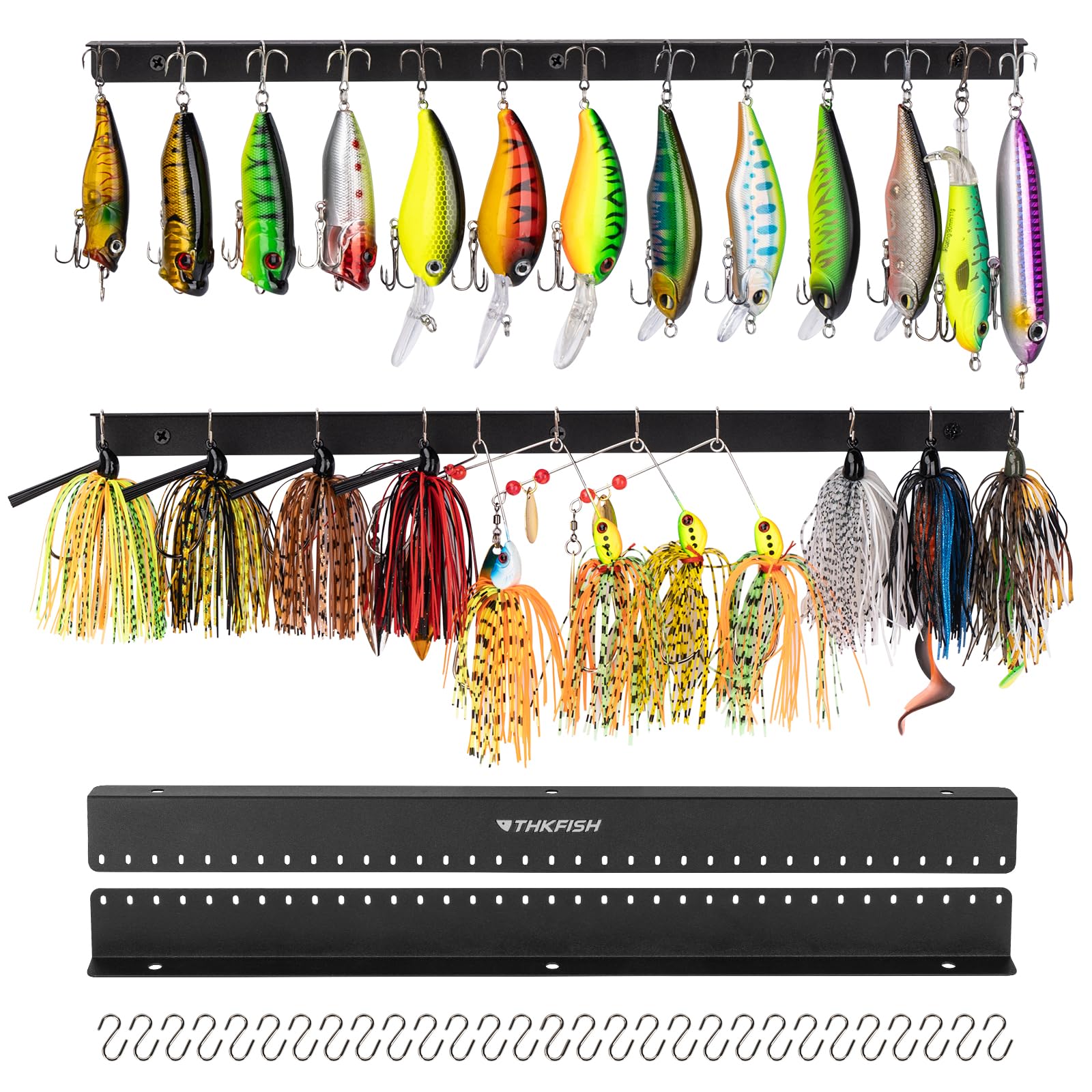 THKFISH 35-hole wall-mount lure display on frosted black finish