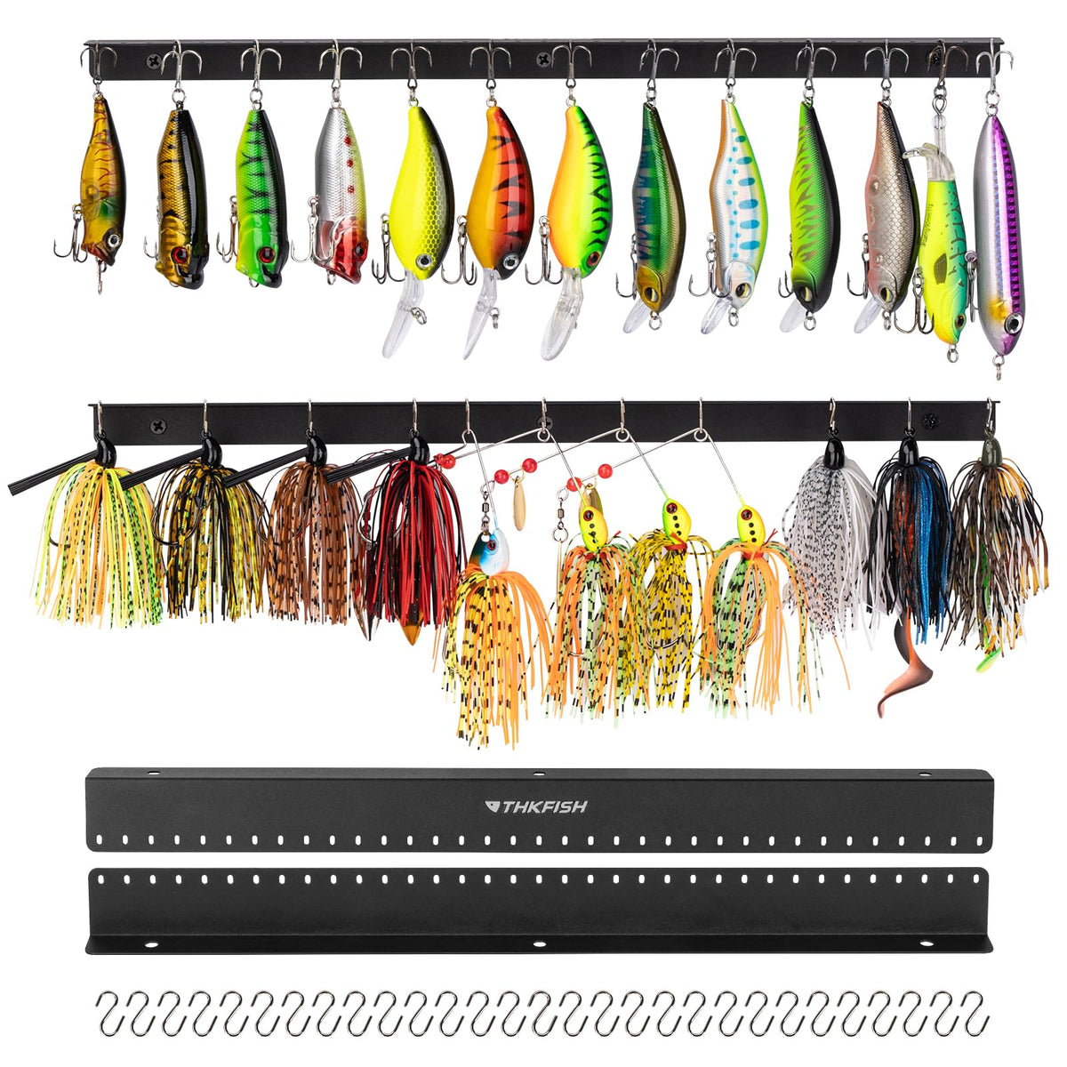 THKFISH 35-hole wall-mount lure display on frosted black finish