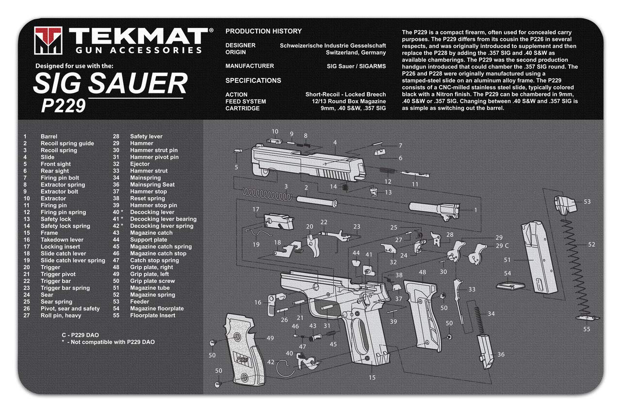 TekMat Sig Sauer P229 gun cleaning mat laid out on a workbench