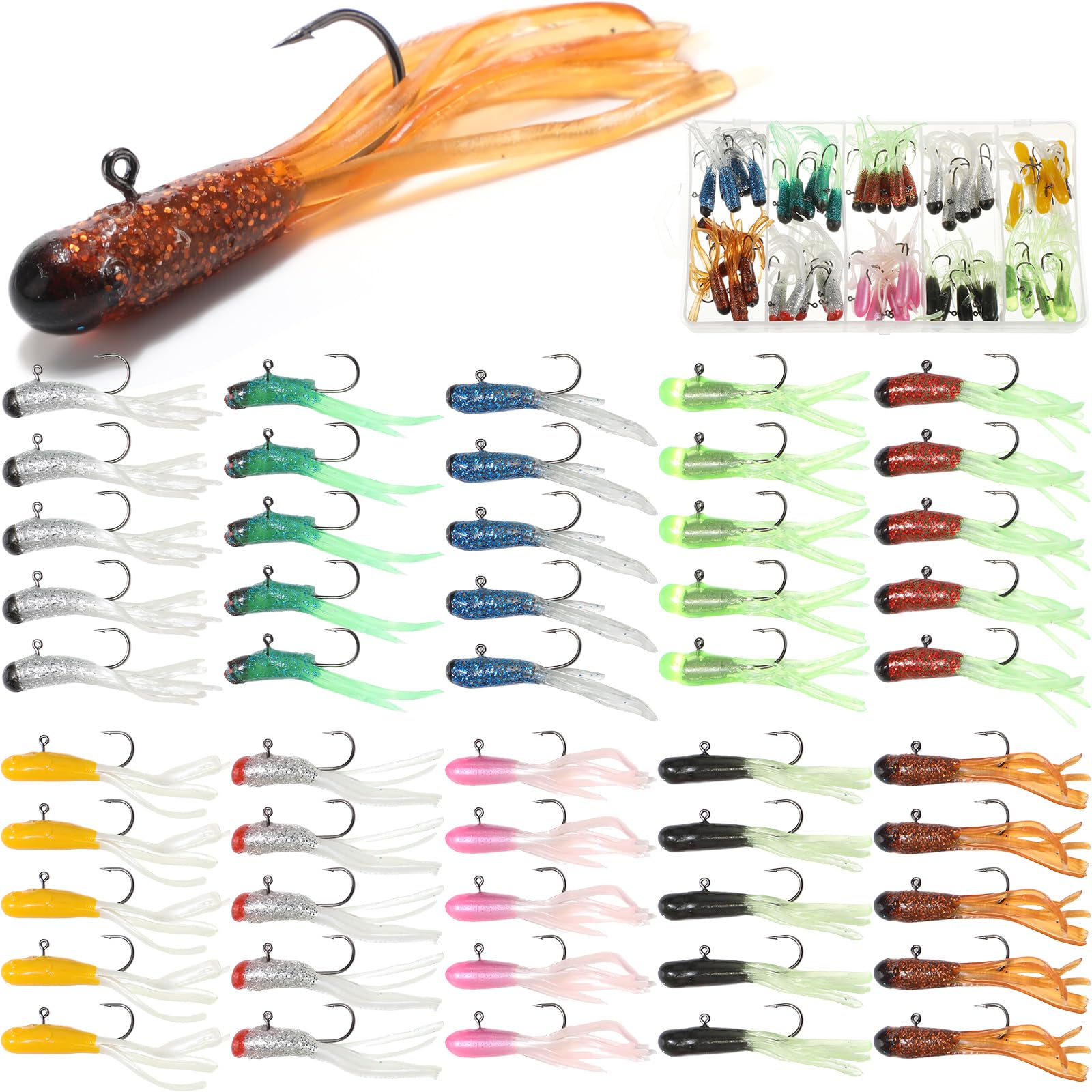 VioraWhite Tube Baits Kit contents with 50 pre rigged baits and 50 jig heads