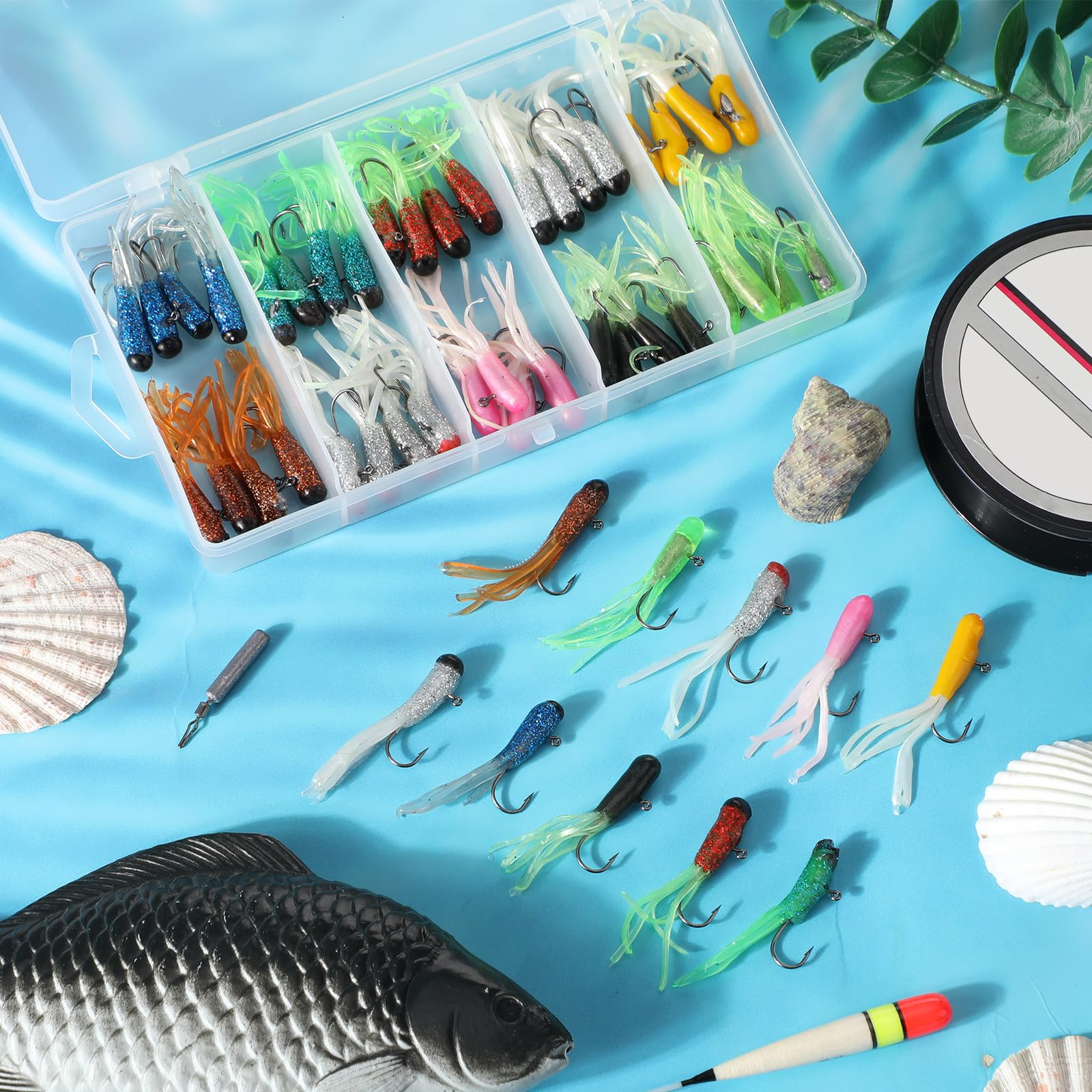 Close-up of multicolor tube baits and jig heads