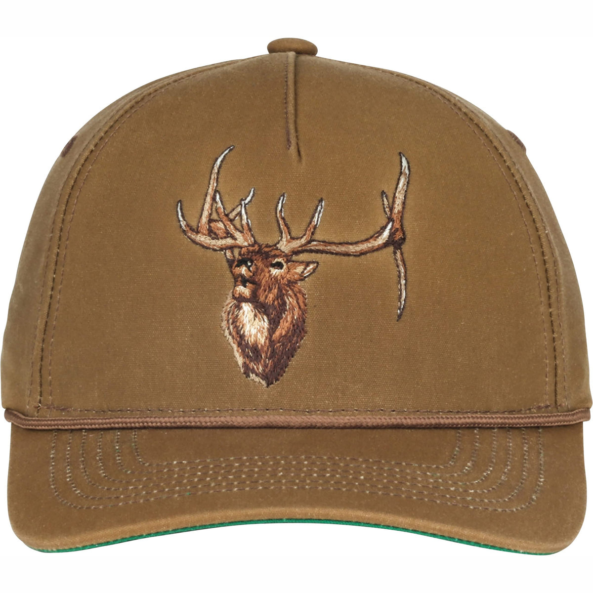 Front view of Vortex Royal Tine waxed snap back cap in waxed canvas