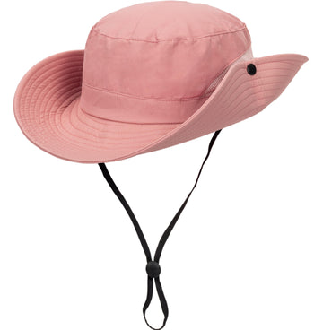 Pink Womens Summer Sun Hat with wide brim and ponytail hole - front view
