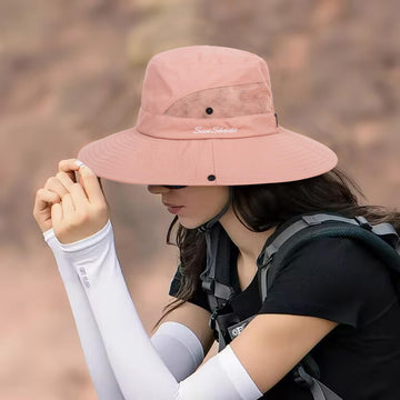 Wide brim sun hat providing UV protection for face and neck