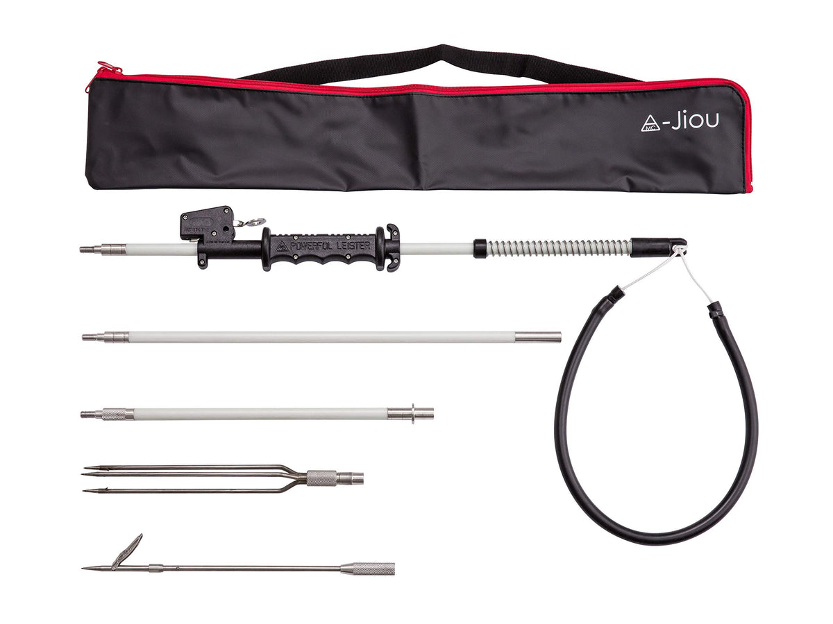 A MC JIOU fishing pole spear assembly shows modular parts for quick setup on the go
