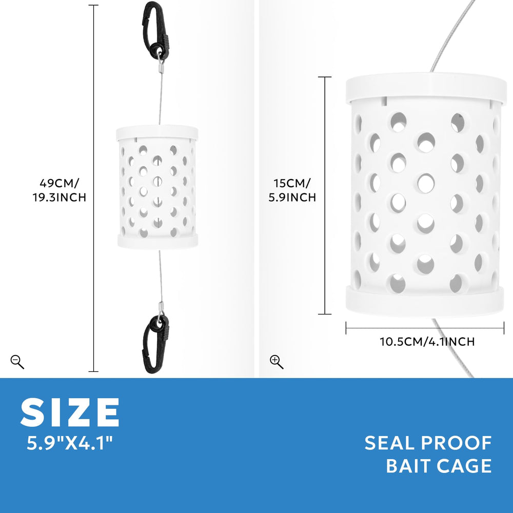 Rigid PVC bait cage with quick-release clips - side angle