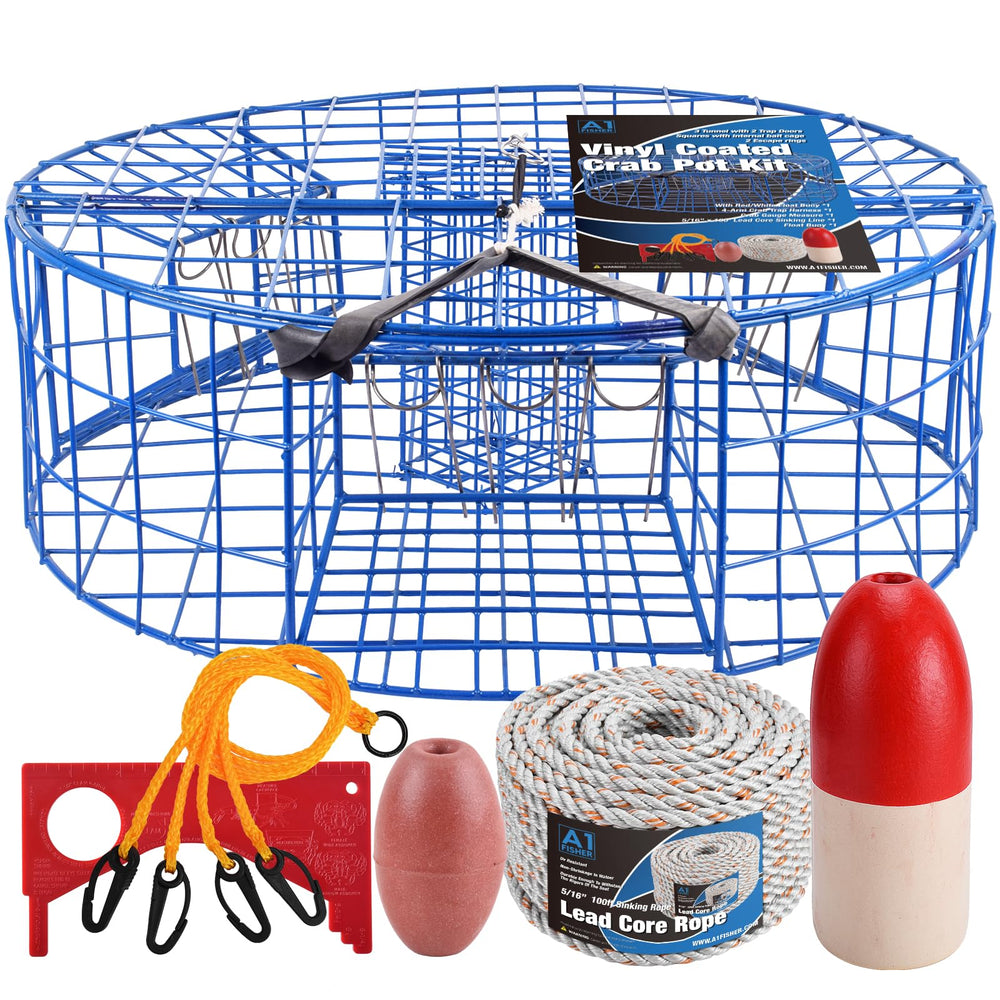A1FISHER heavy duty crab pot trap, Pacific 3-tunnel, 2 doors, blue vinyl coating, 30 x 30 x 10 inches