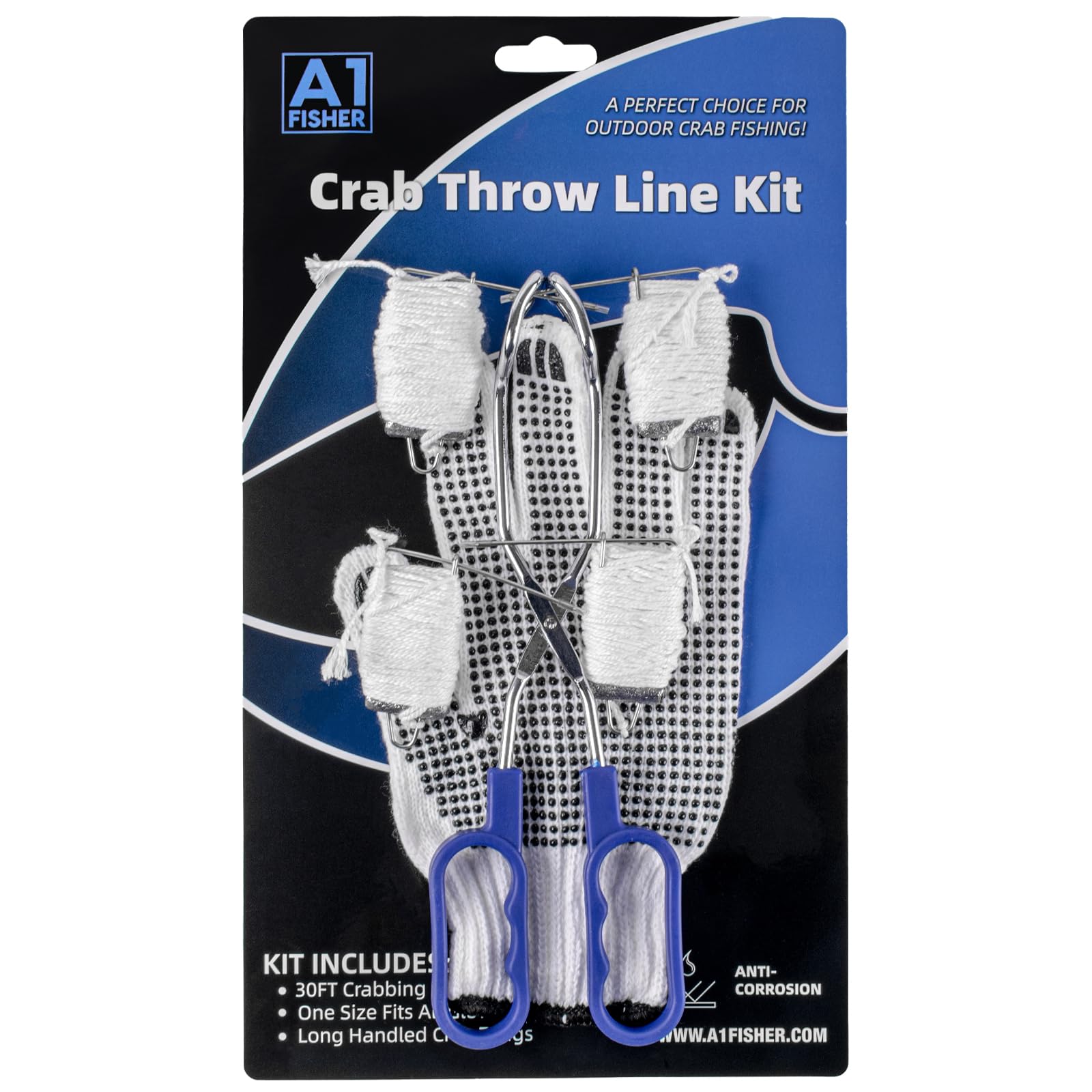 A1FISHER crabbing kit laid out with four 30' throw lines, tongs, and glove