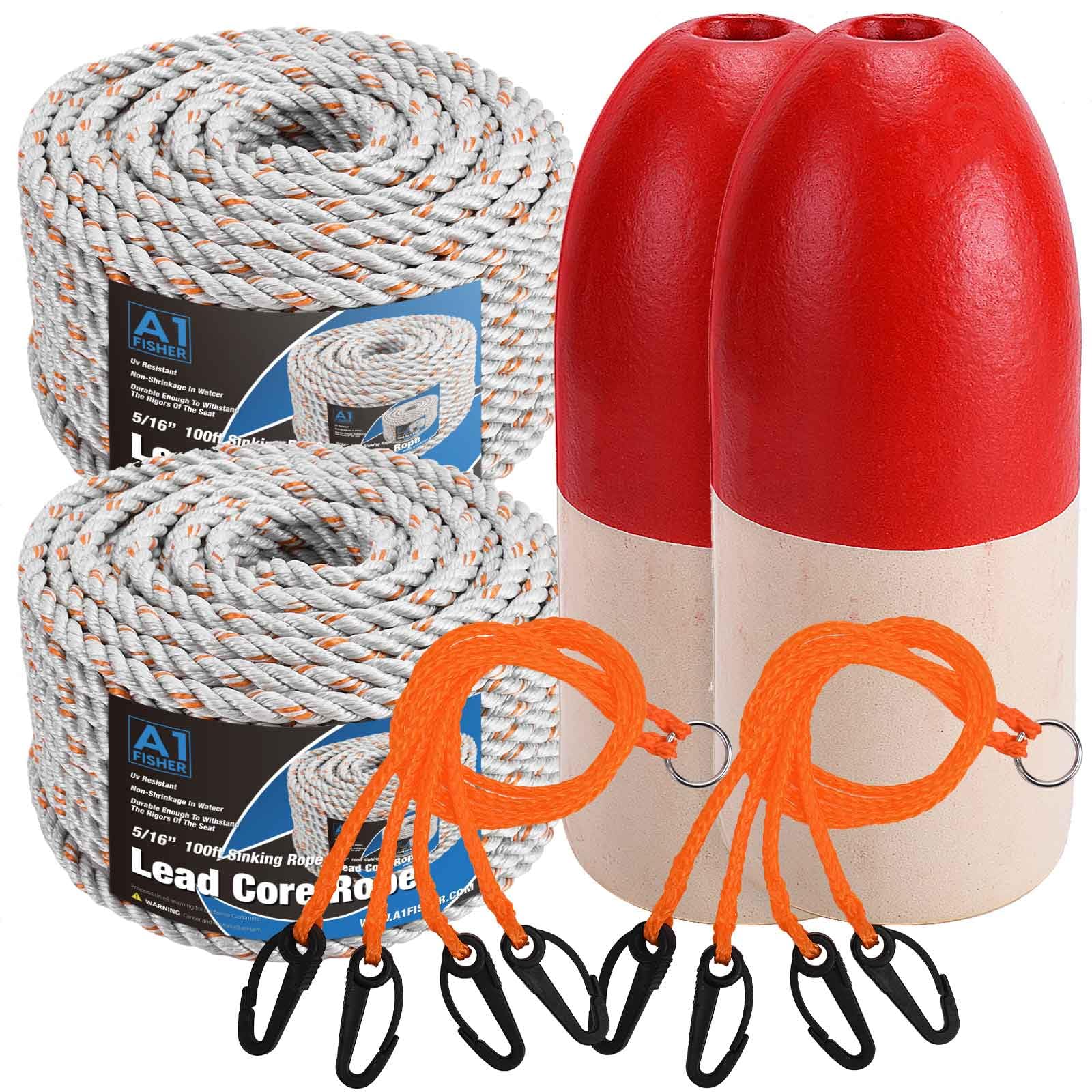 A1FISHER leaded-core rope 100ft in use, sinking line for stable crab pot setup.