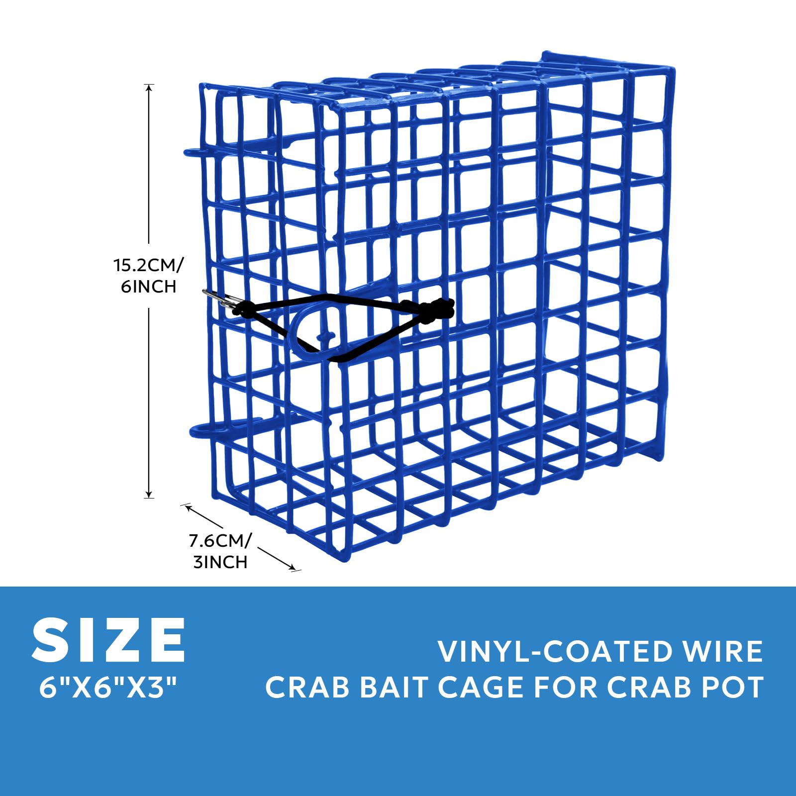 Close-up of blue vinyl-coated steel wire crab bait cage showing small mesh