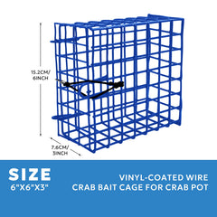 Close-up of blue vinyl-coated steel wire crab bait cage showing small mesh