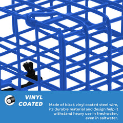 Blue vinyl-coated crab bait cages with durable frame and latch
