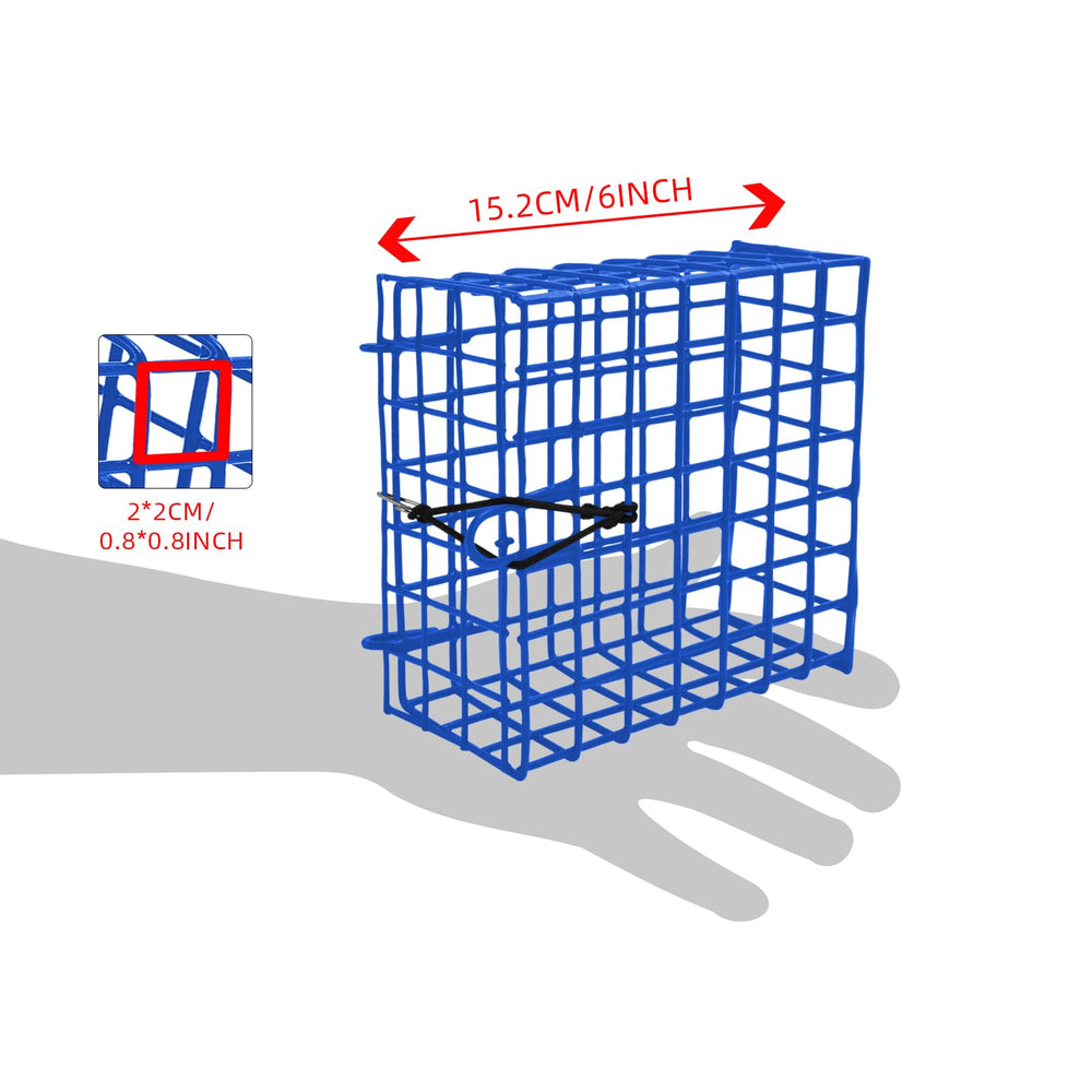 Set of three blue vinyl-coated crab bait cages displayed together
