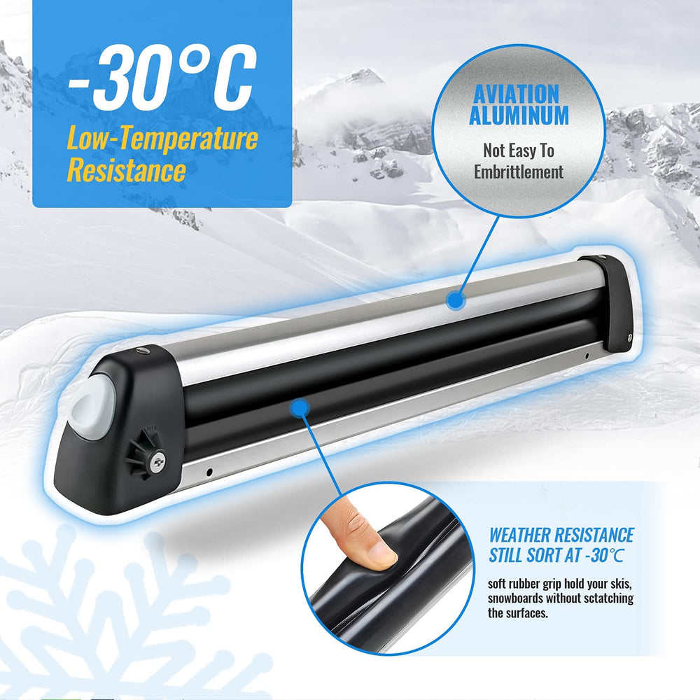 AA Products Inc. ultra-soft rubber arms secure skis and snowboards without surface damage.