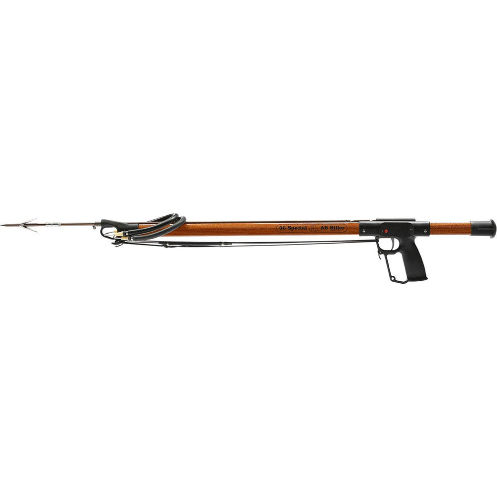AB Biller mahogany spear gun front view showing precision and quiet underwater performance.