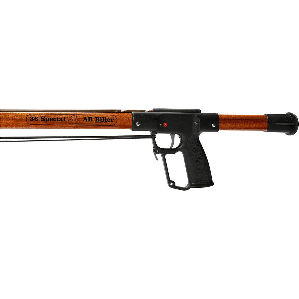 AB Biller mahogany spear gun side view showcases elegant finish and balanced handling.