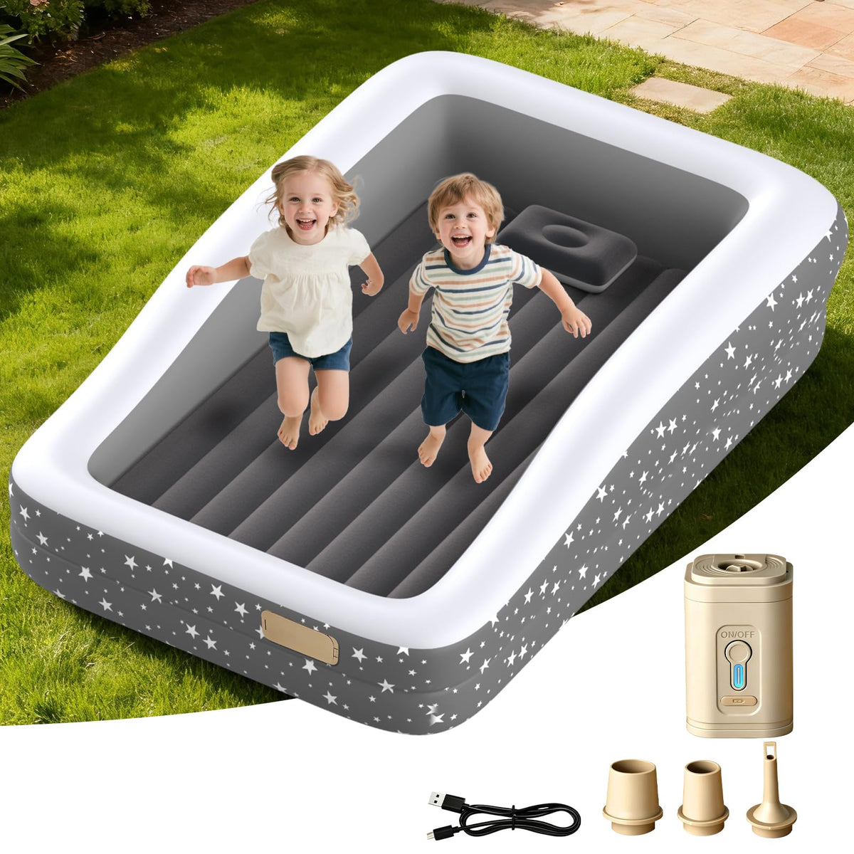 Abdtech inflatable toddler bed built-in pump gray for quick setup and convenience.