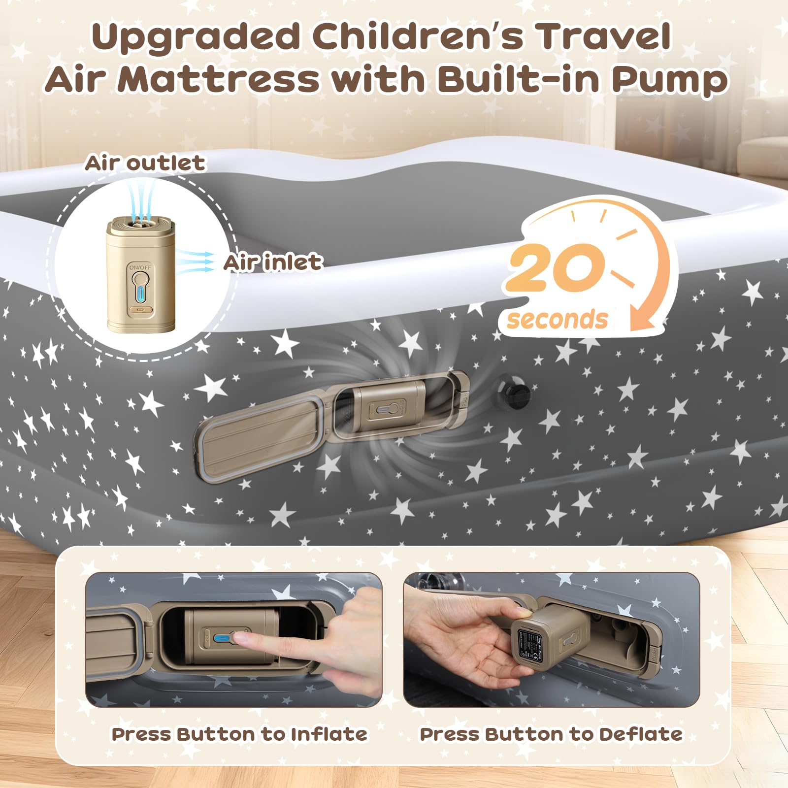 Abdtech star-pattern PVC toddler air mattress gray durable and playful.