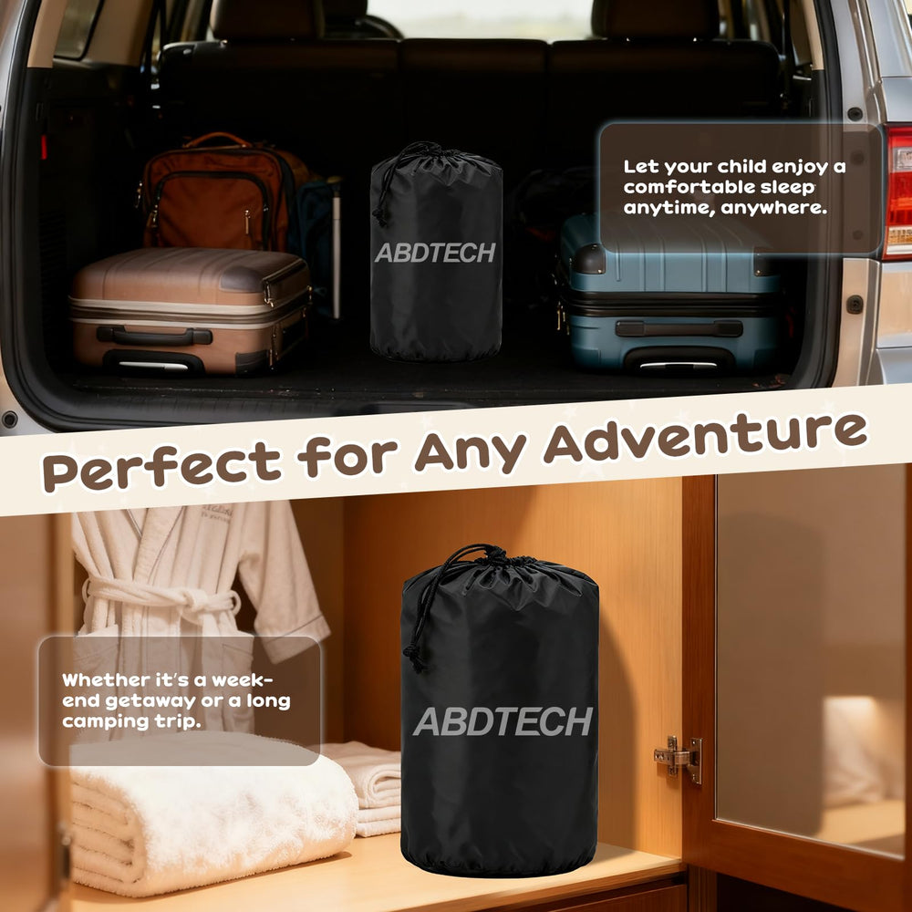 Abdtech toddler bed on-the-go at camping or hotel stays in gray.