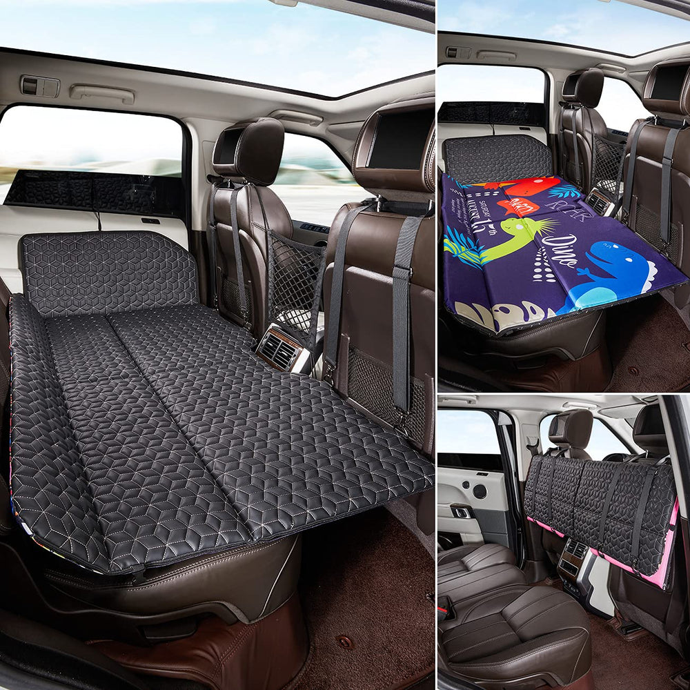 ABE non-inflatable car mattress on back seat for quick comfort.