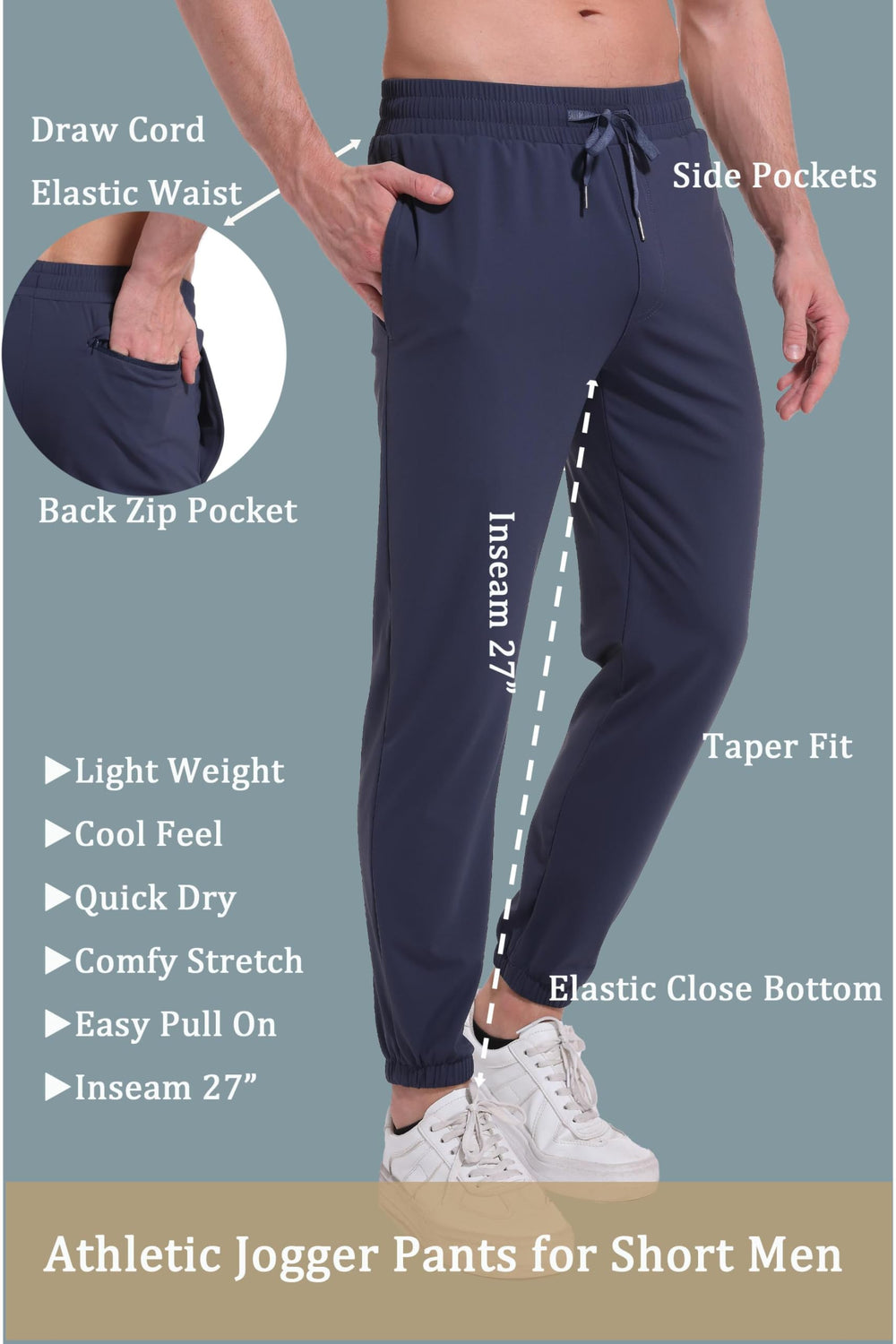 AbleTree athletic joggers 27-inch inseam overview focusing on short-leg comfort.