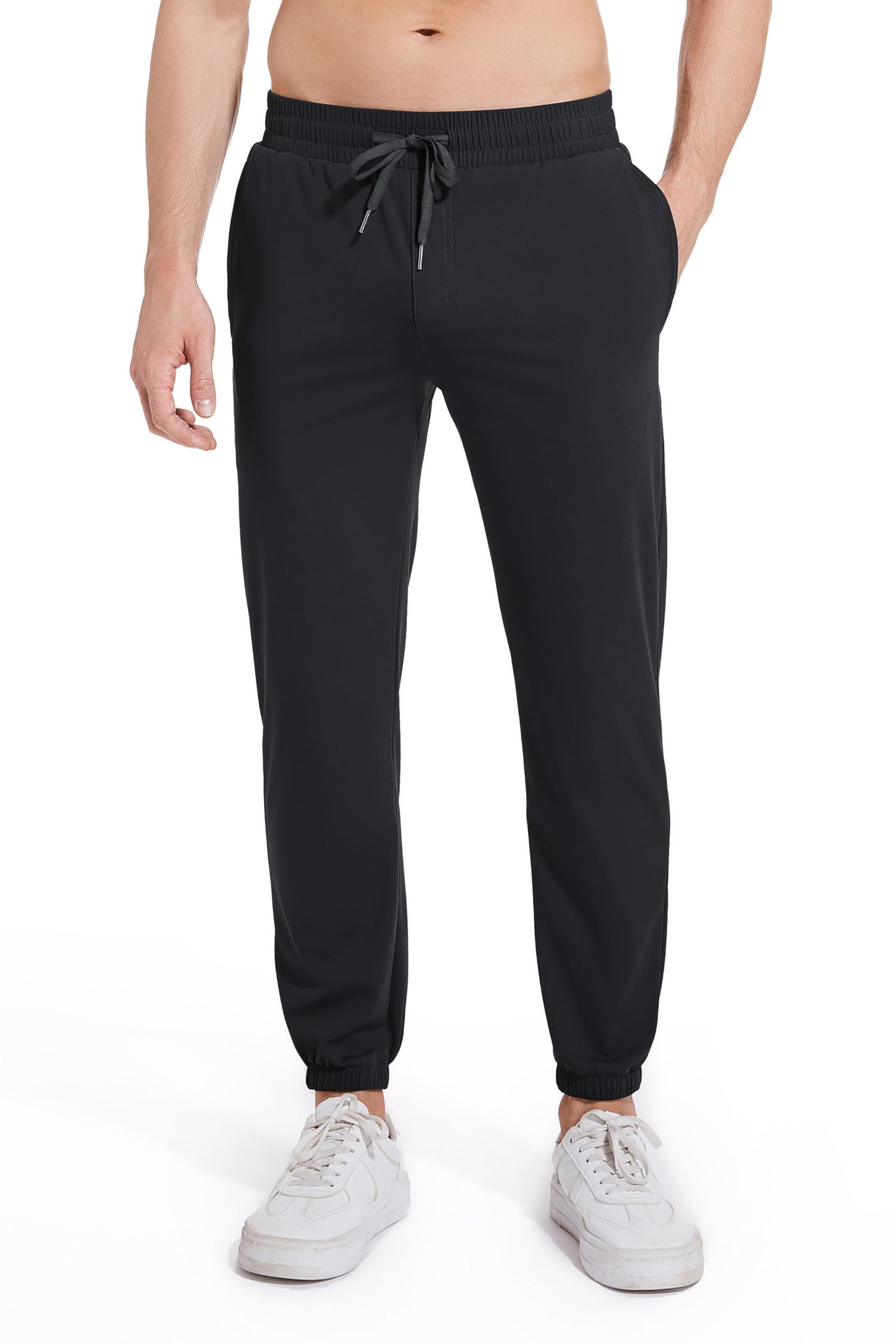 AbleTree athletic joggers black front view shows tailored fit for shorter frames and comfort.