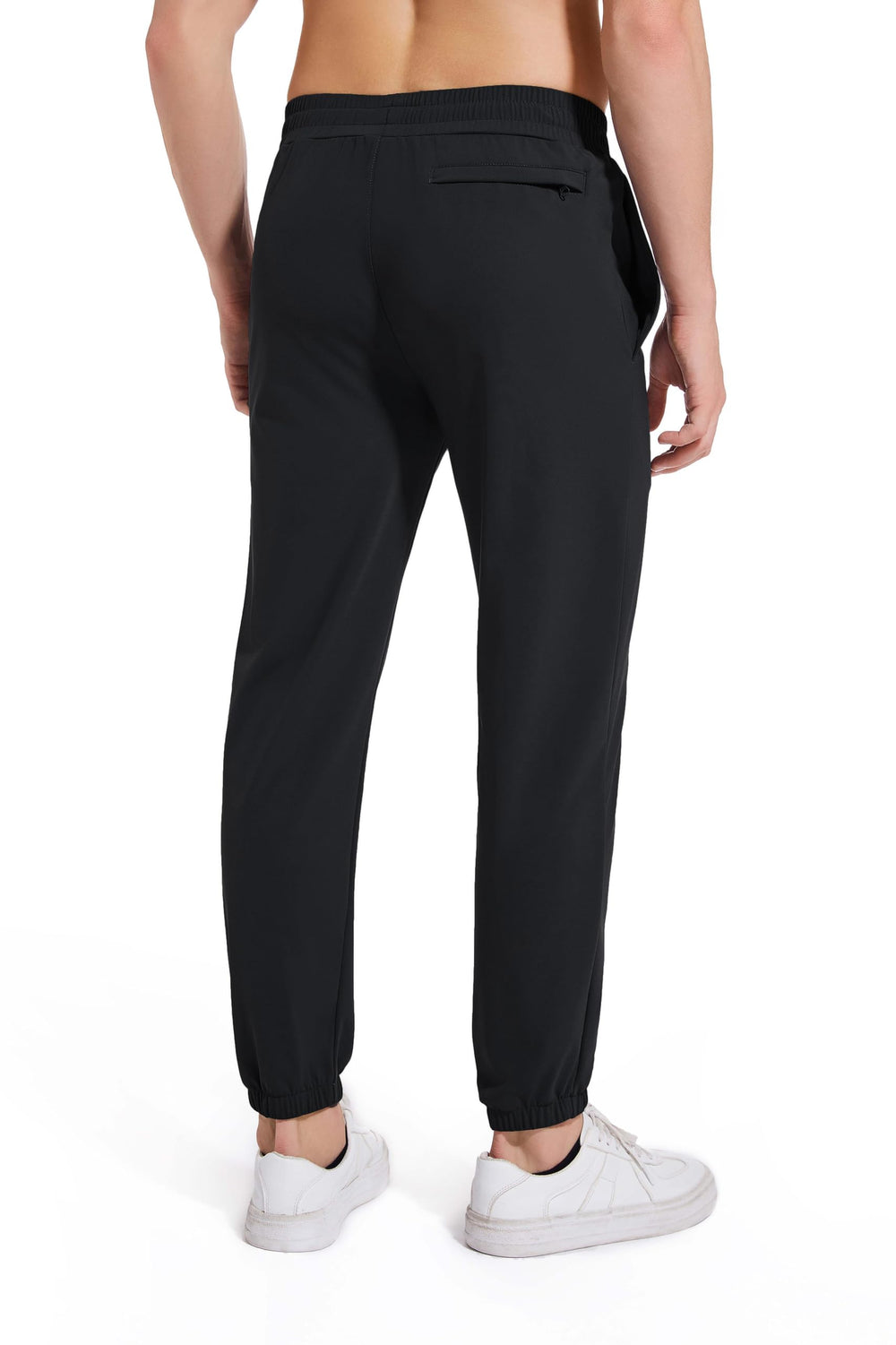 AbleTree athletic joggers black side view highlights 4-way stretch and breathable fabric for daily activity.