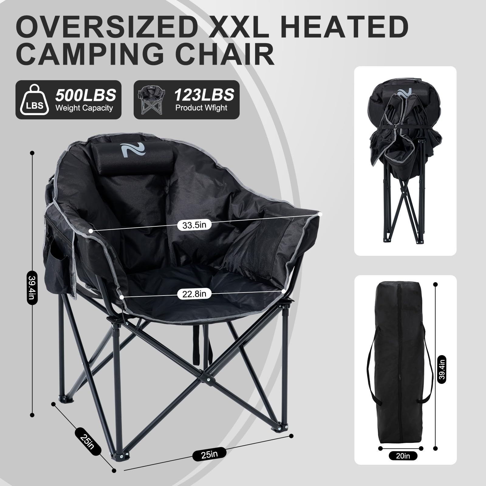ABORON oversized heated camping chair folded for easy transport and storage.