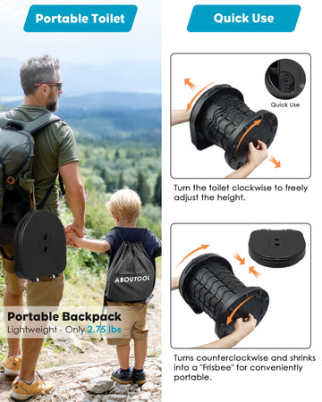 Aboutool portable toilet folded to frisbee size for compact travel storage.