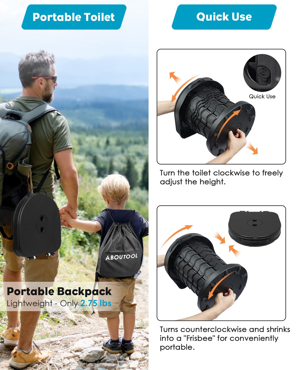 Aboutool portable toilet folded to frisbee size for compact travel storage.