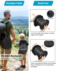 Aboutool portable toilet folded to frisbee size for compact travel storage.