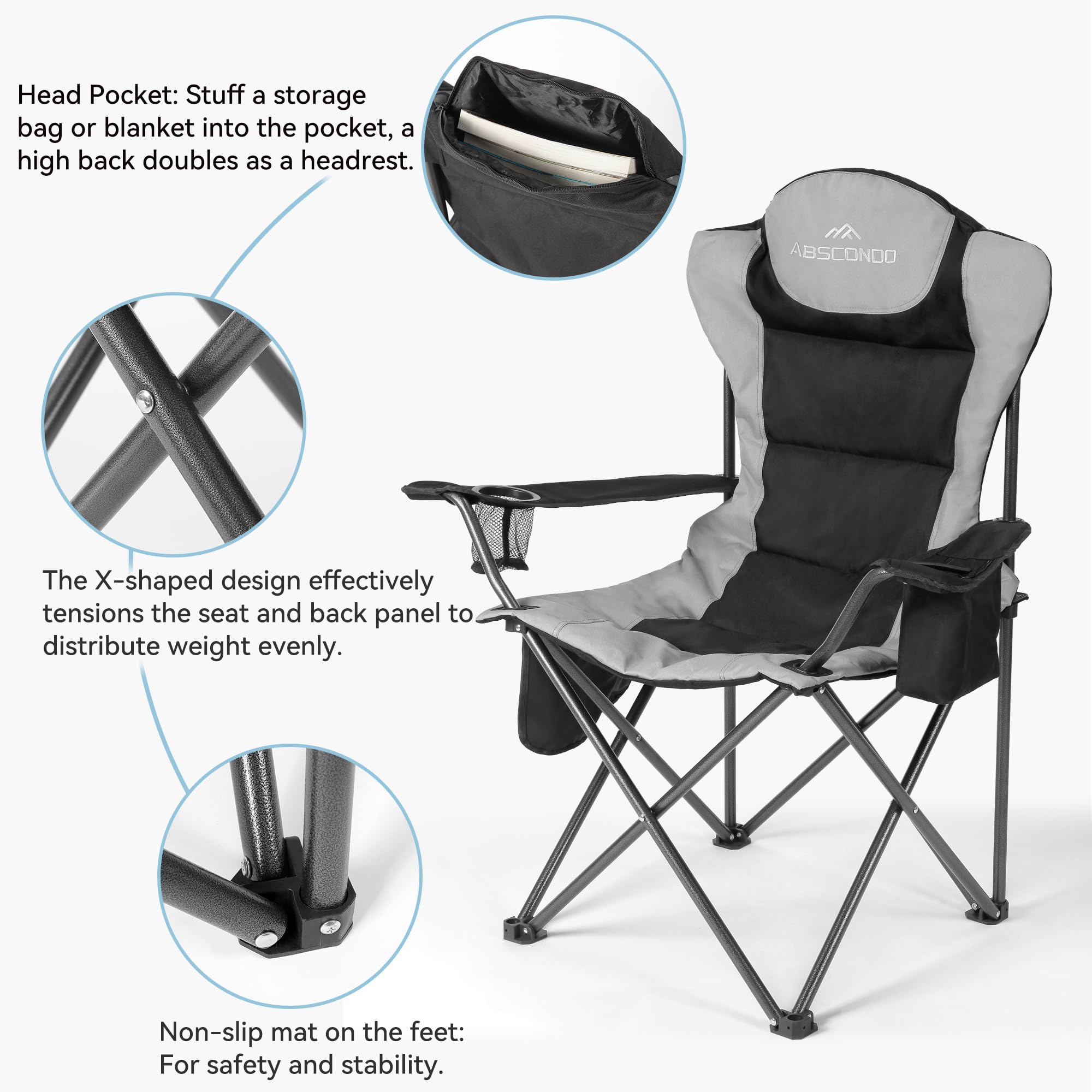Abscondo chair folds compactly with a storage bag for travel.