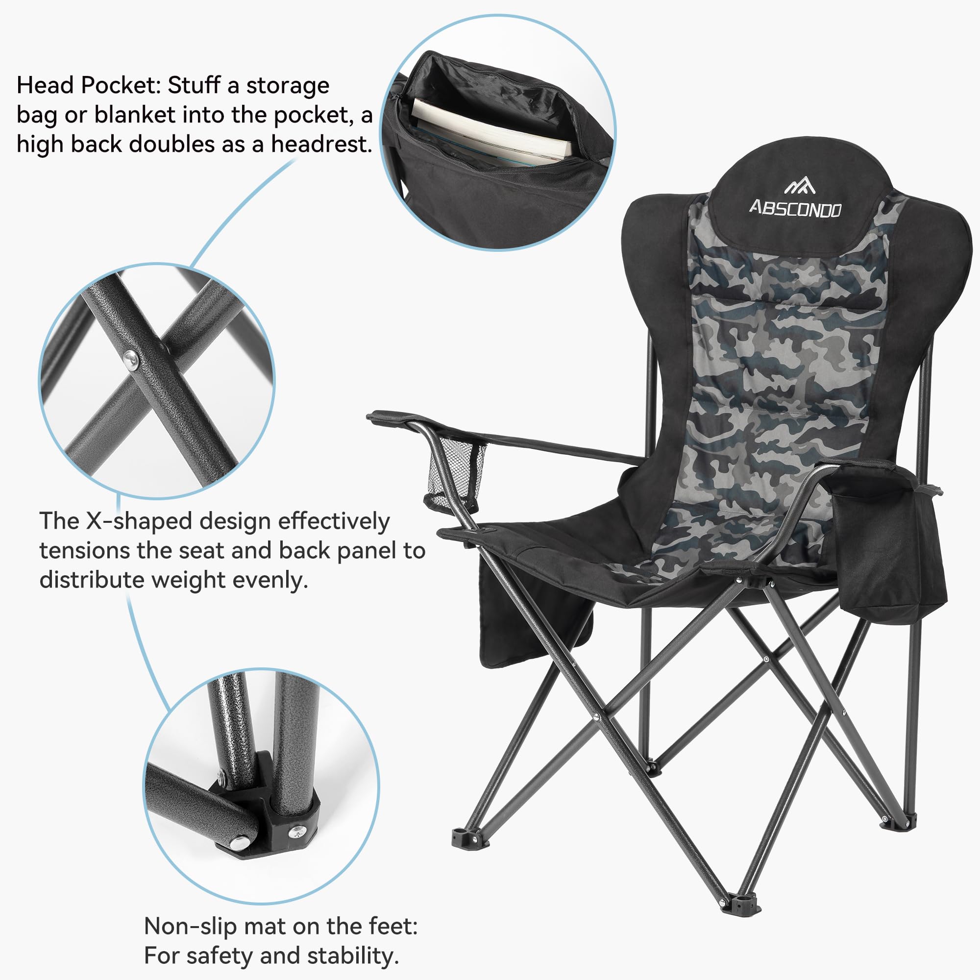 ABSCONDO camping chair heavy-duty-frame supports up to 350 lbs for sturdy use.