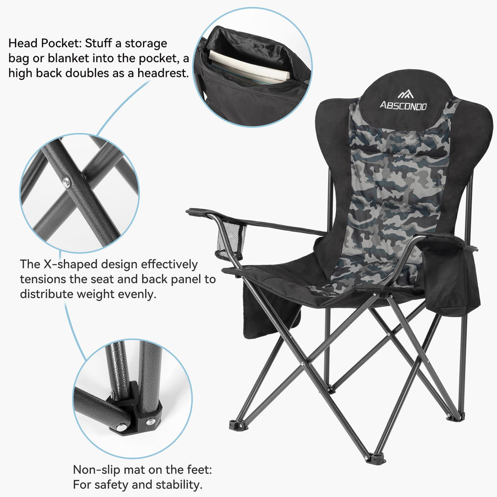 ABSCONDO camping chair heavy-duty-frame supports up to 350 lbs for sturdy use.
