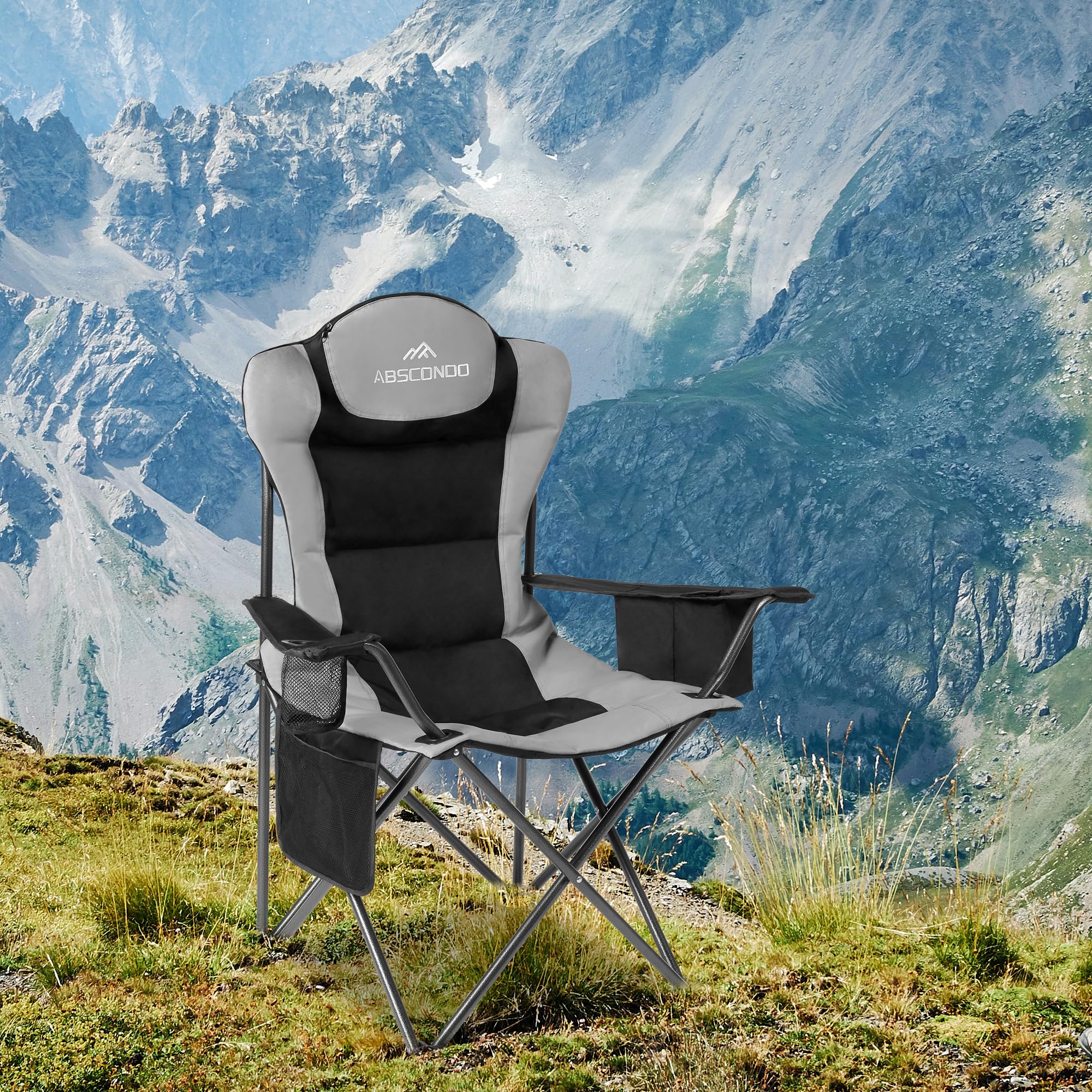 Abscondo camping chair shows tilt-back design for relaxed outdoor lounging.