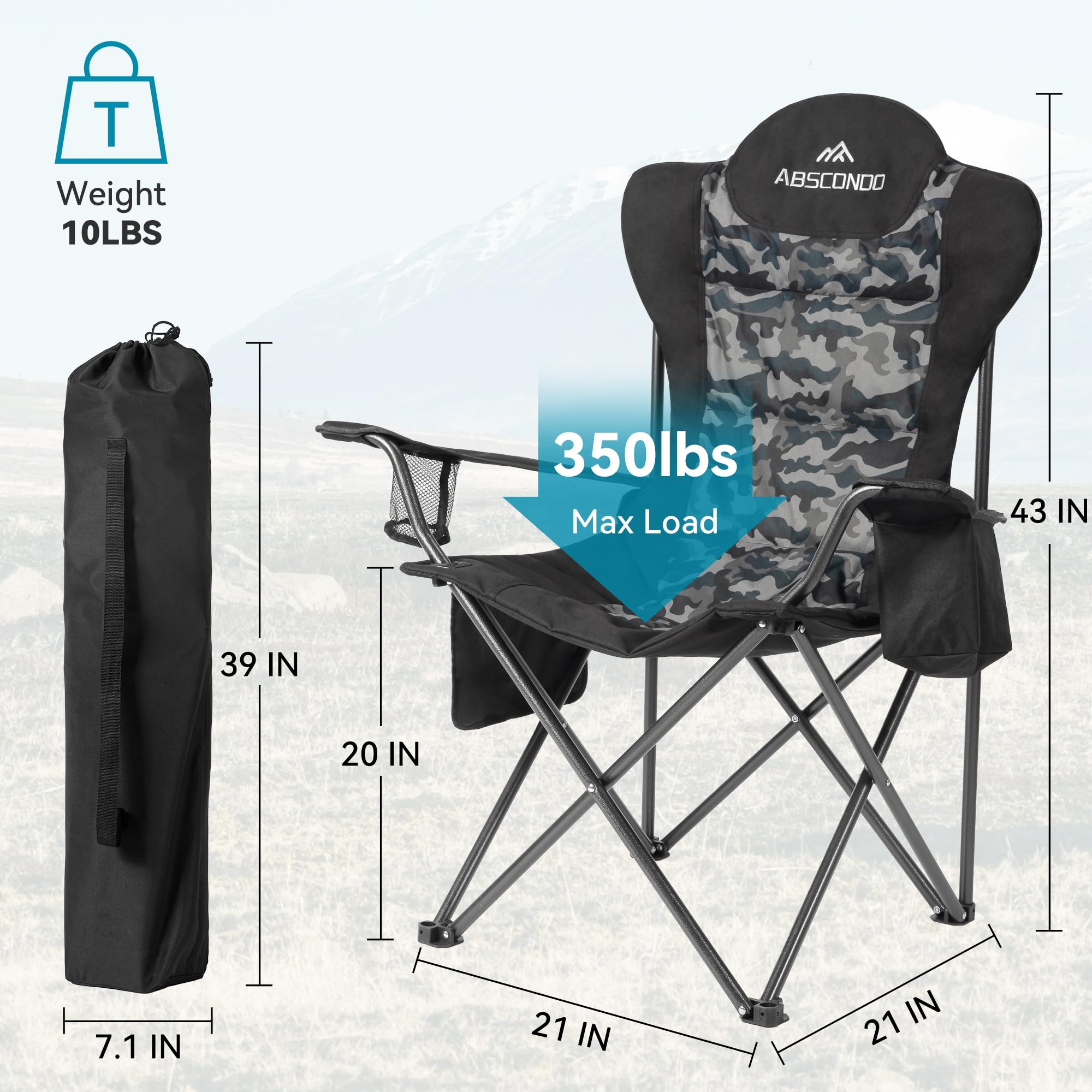 ABSCONDO camping chair wide-seat design delivers comfortable seating and roomy space.