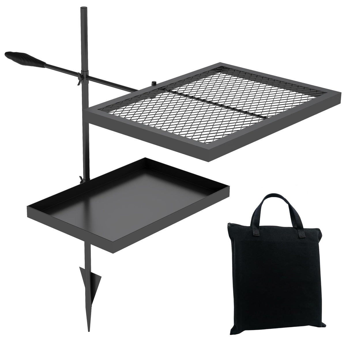 ABSCONDO height-adjustable campfire grill grate with swivel for flexible outdoor cooking.