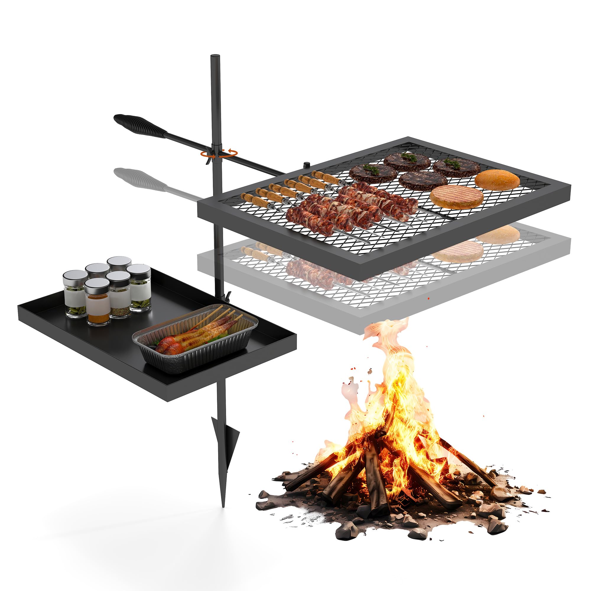 ABSCONDO height-adjustable campfire grill grate with swivel for flexible outdoor cooking.
