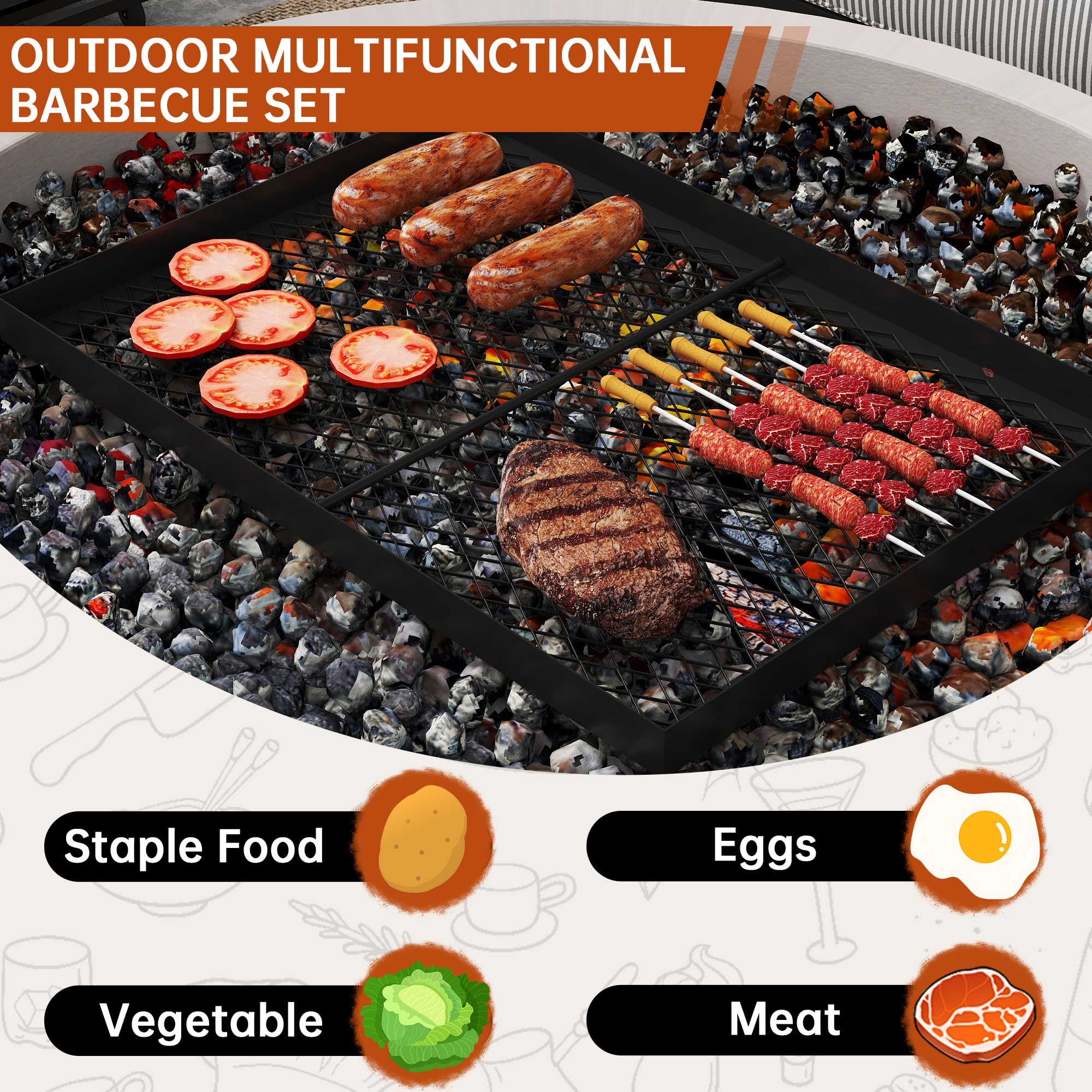 ABSCONDO swivel fire pit grate shows 360-degree rotation for even heating.