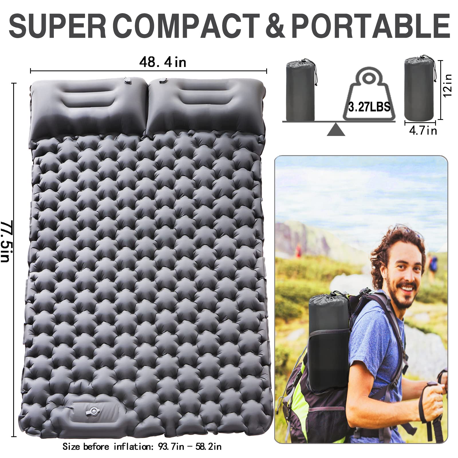 ABTOHE double sleeping pad two-person use with pillows for versatile sleeping positions.