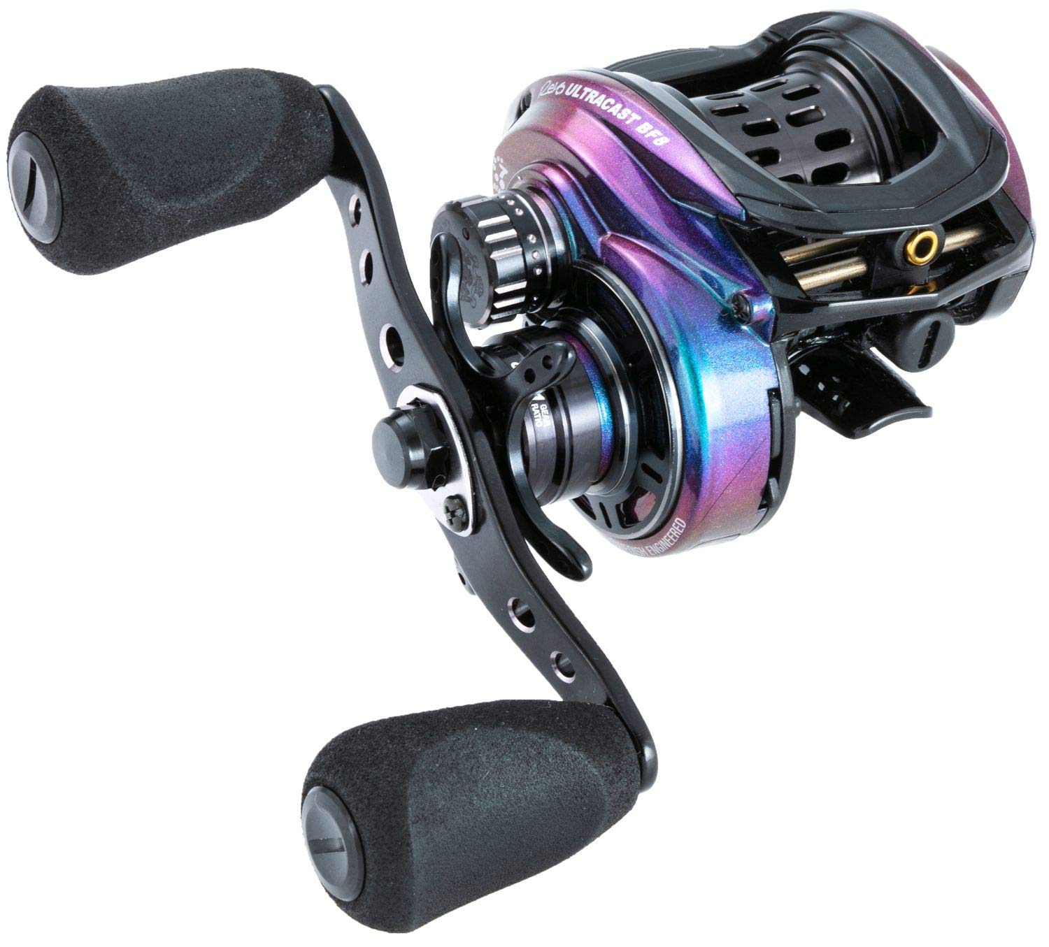 Front view of Abu Gacia BF8 Revo Ultra Cast Bait Reel, Right Wind